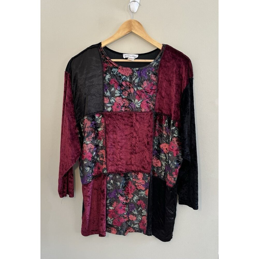 Velvet Patchwork Women’s Sweater Top Vintage Sz L (?)‎ Floral Grandma Core